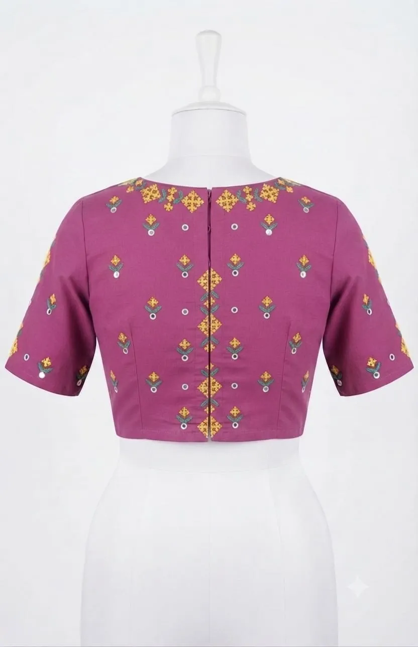 Handcrafted Purple Kutch Work Saree Blouse | Premium Cotton Traditional Embroidery