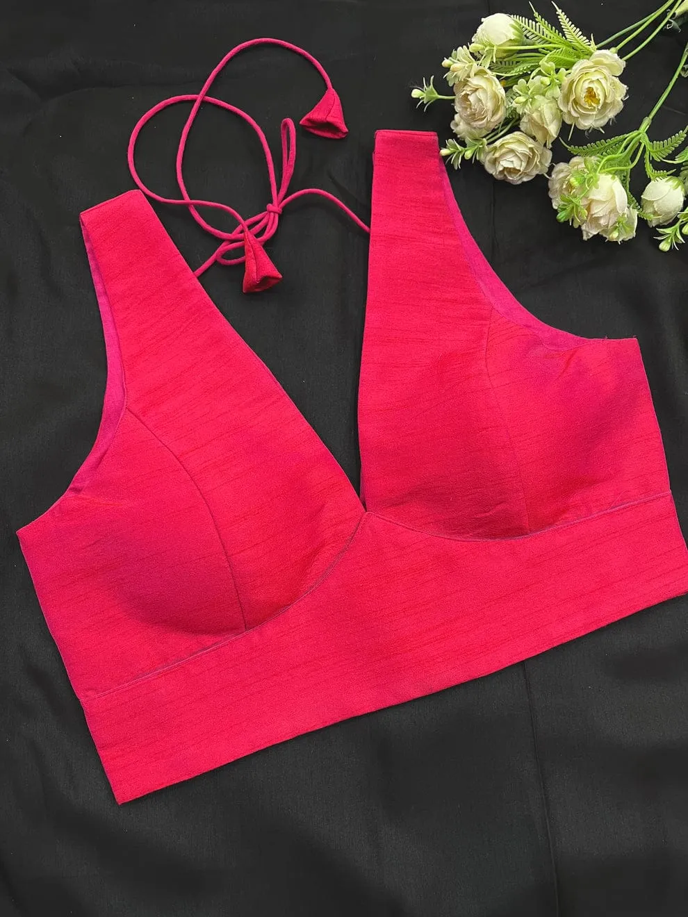 Hot Pink Raw Silk Saree Blouse | Designer Deep V-Neck Sleeveless Party Wear Blouse with Back Tie