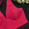 Hot Pink Raw Silk Saree Blouse | Designer Deep V-Neck Sleeveless Party Wear Blouse with Back Tie - Image 2