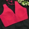Hot Pink Raw Silk Saree Blouse | Designer Deep V-Neck Sleeveless Party Wear Blouse with Back Tie - Image 3