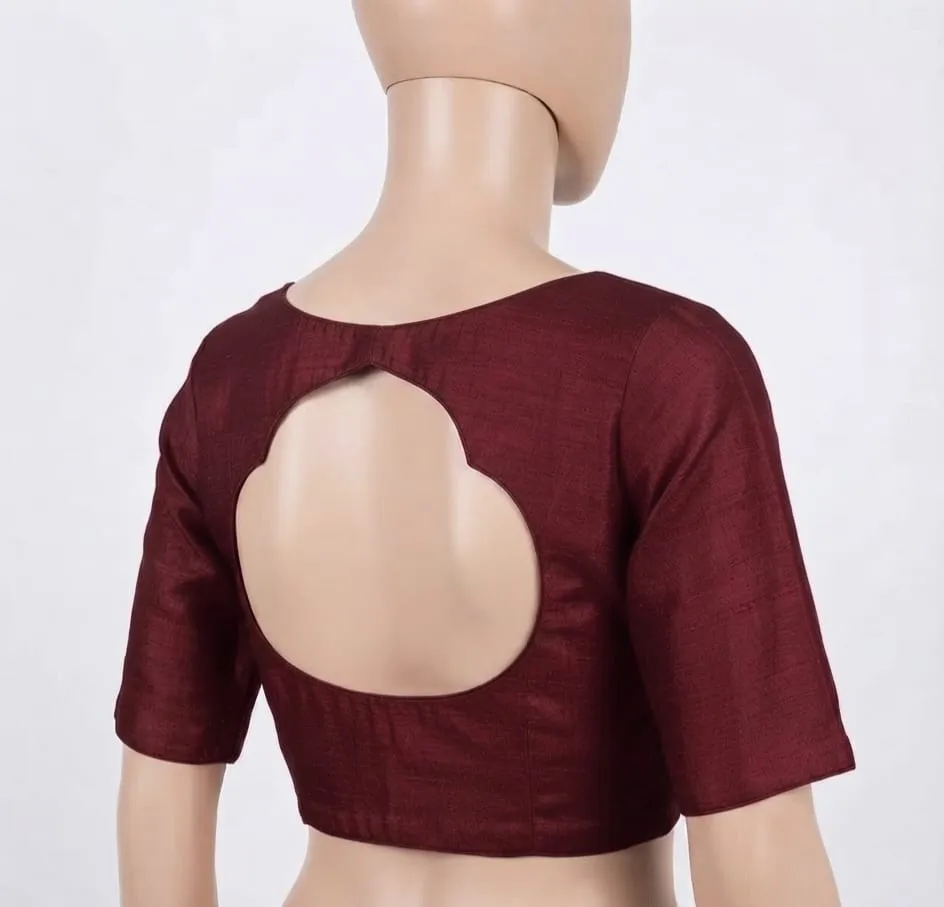 Maroon Readymade Saree Blouse for Women, Short Sleeve Designer Blouse with Front Buttons and Fancy Back Keyhole Cutout