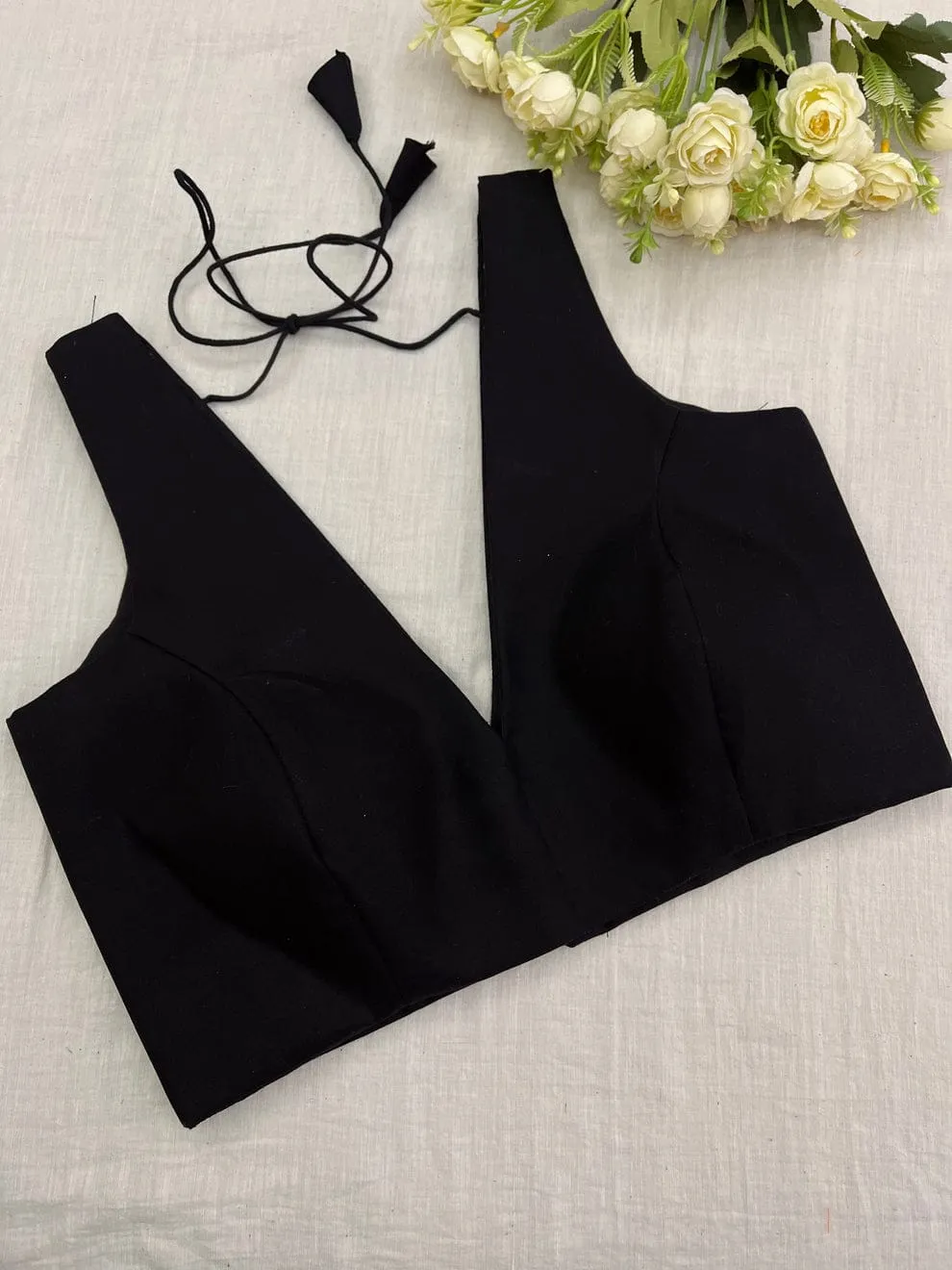 Minimalist Black Deep V-Neck Blouse - Contemporary Ethnic Saree Top
