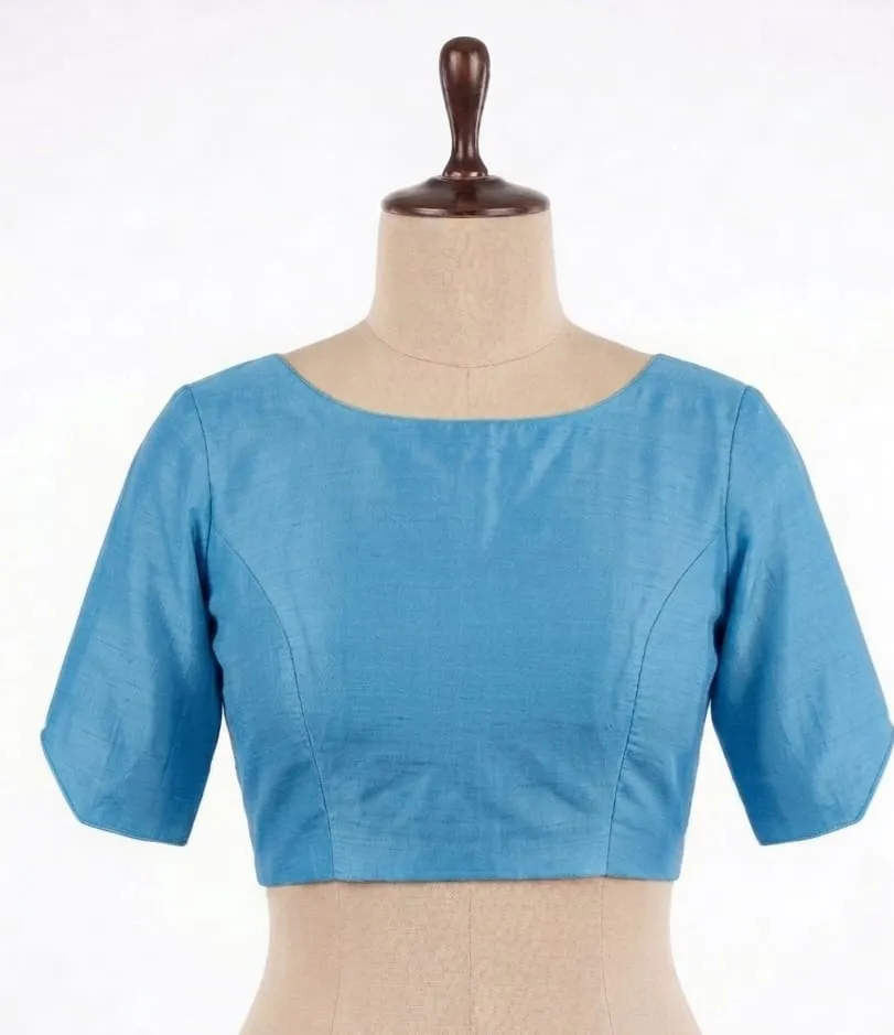 Plain Raw Silk Saree Blouse | Boat Neck Readymade Blouse with Back Potli Buttons & Elbow Sleeves