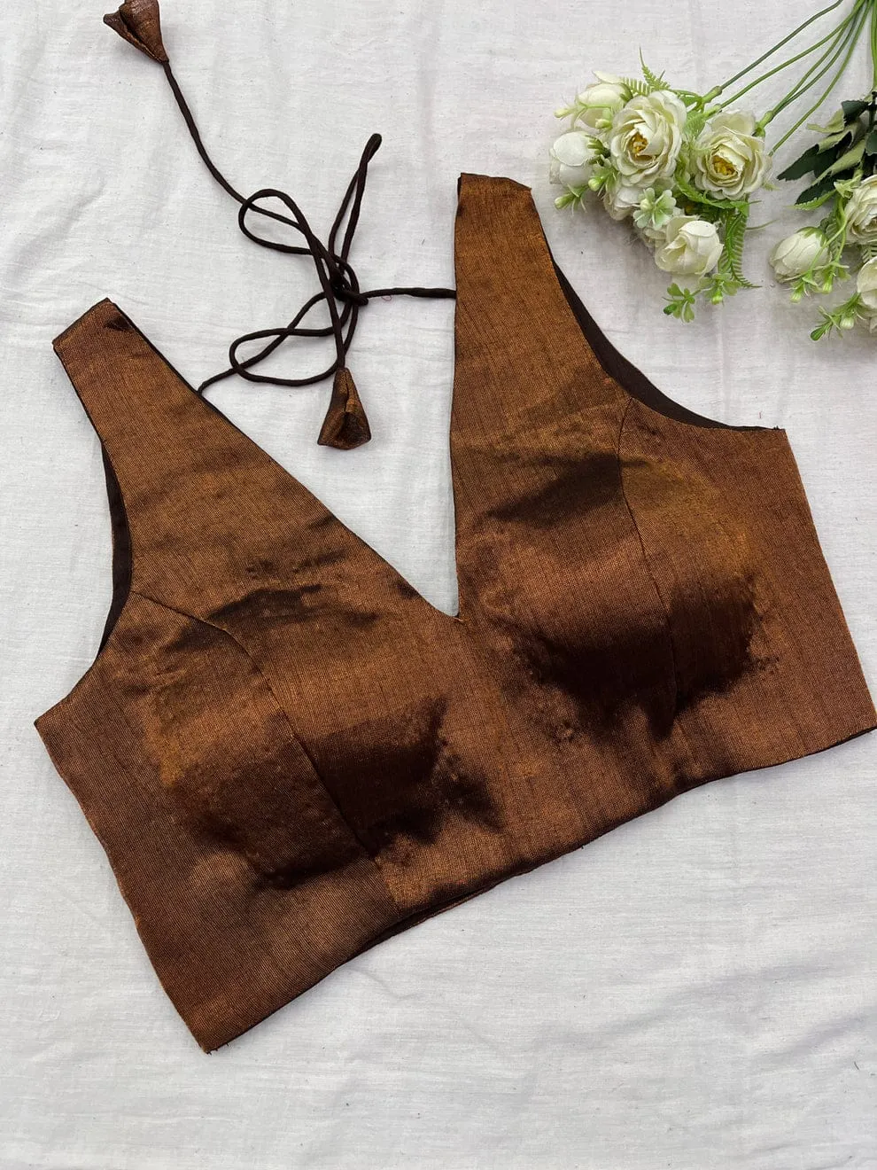 Premium Copper Brown Deep V-Neck Sleeveless Blouse - Festive Ethnic Party Wear