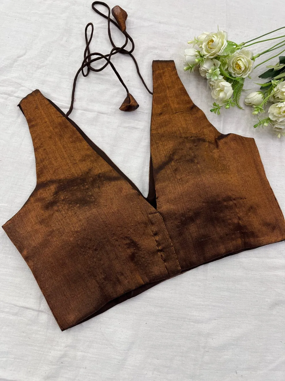 Premium Copper Brown Deep V-Neck Sleeveless Blouse - Festive Ethnic Party Wear - Image 2