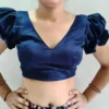 Premium Navy Blue Puff Sleeve Saree Blouse | Designer Tie-Back Ethnic Choli
