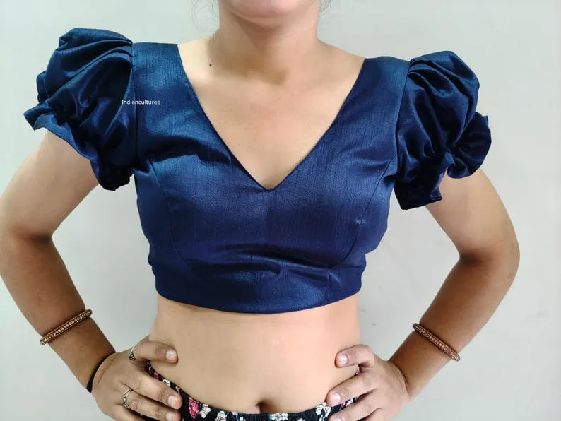 Premium Navy Blue Puff Sleeve Saree Blouse | Designer Tie-Back Ethnic Choli