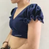 Premium Navy Blue Puff Sleeve Saree Blouse | Designer Tie-Back Ethnic Choli - Image 2