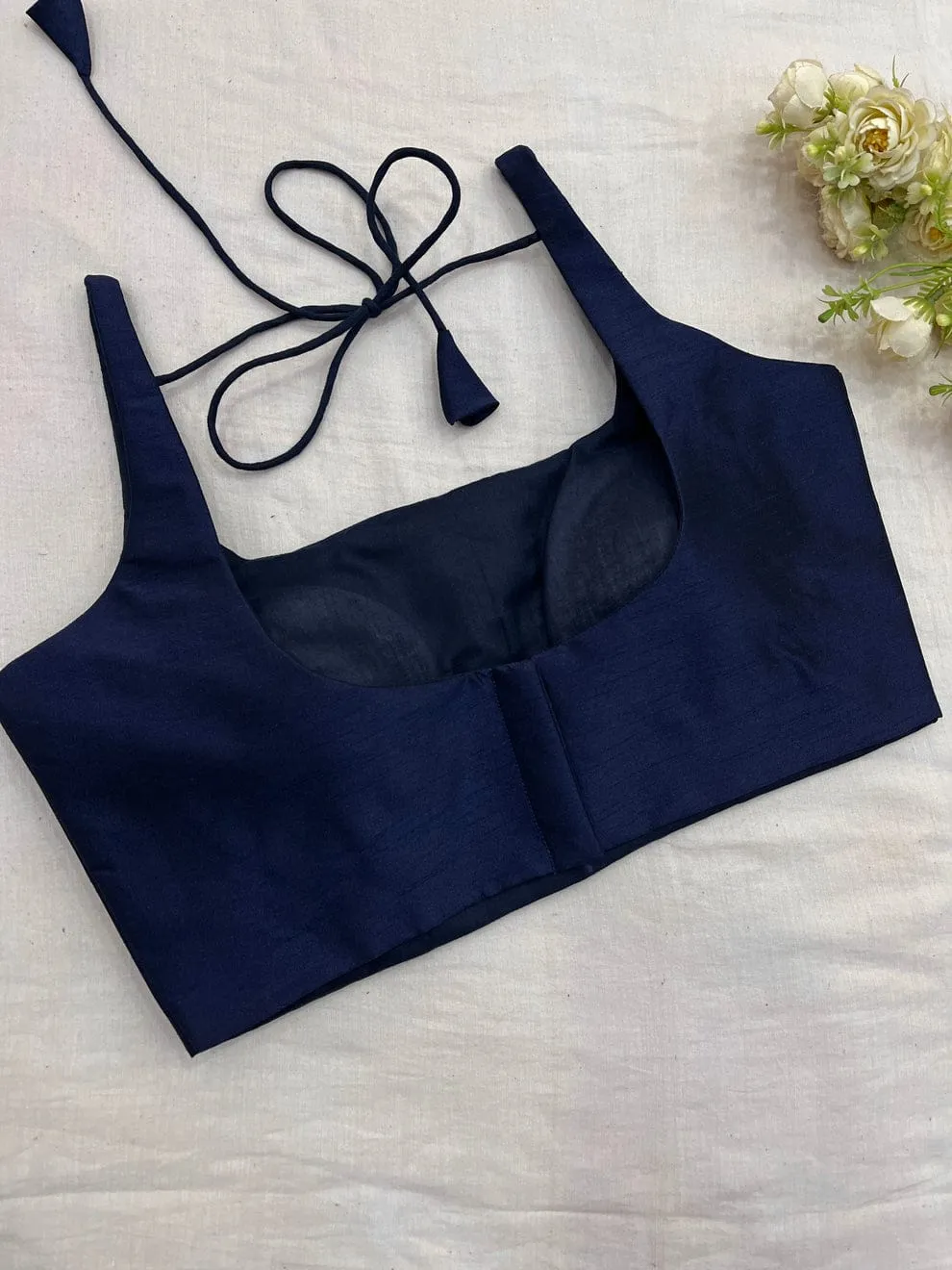 Premium Navy Blue Square Neck Padded Blouse – Elegant Readymade Sleeveless Saree Blouse for Modern Ethnic Wear