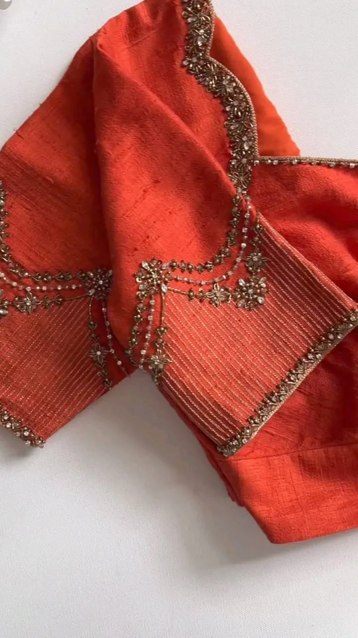 Premium Orange Raw Silk Blouse with Scalloped Neckline Hand Embroidery