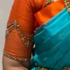 Premium Orange Raw Silk Blouse with Scalloped Neckline Hand Embroidery - Image 2