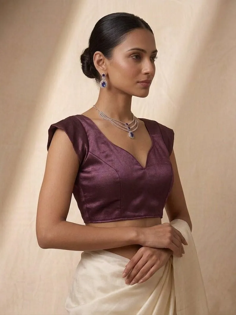 Premium Plum V-Neck Saree Blouse | Designer Ethnic Choli