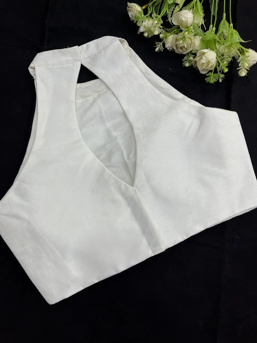 Premium White Raw Silk Halter Neck Blouse - Sleeveless Ethnic Party Wear