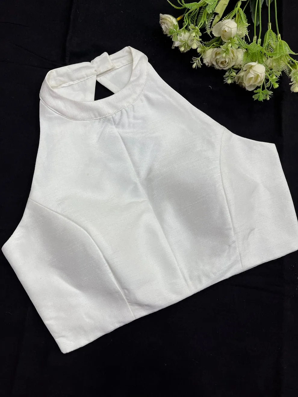 Premium White Raw Silk Halter Neck Blouse - Sleeveless Ethnic Party Wear - Image 2