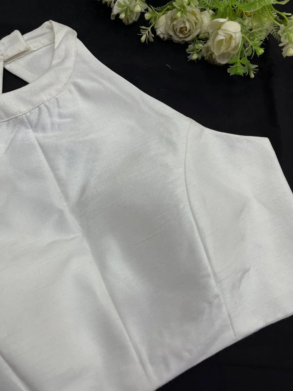 Premium White Raw Silk Halter Neck Blouse - Sleeveless Ethnic Party Wear - Image 3