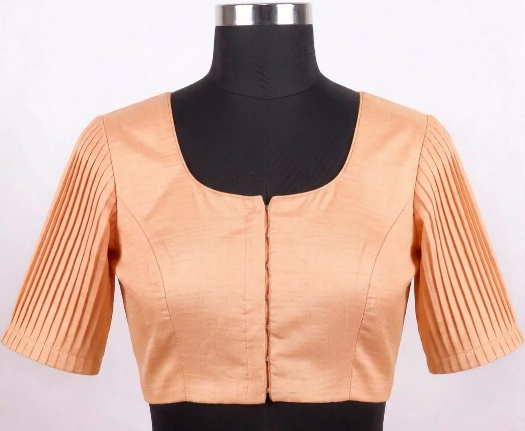 Raw Silk Accordion Pleated Sleeve Saree Blouse - Princess Cut Front Hook Readymade Blouse