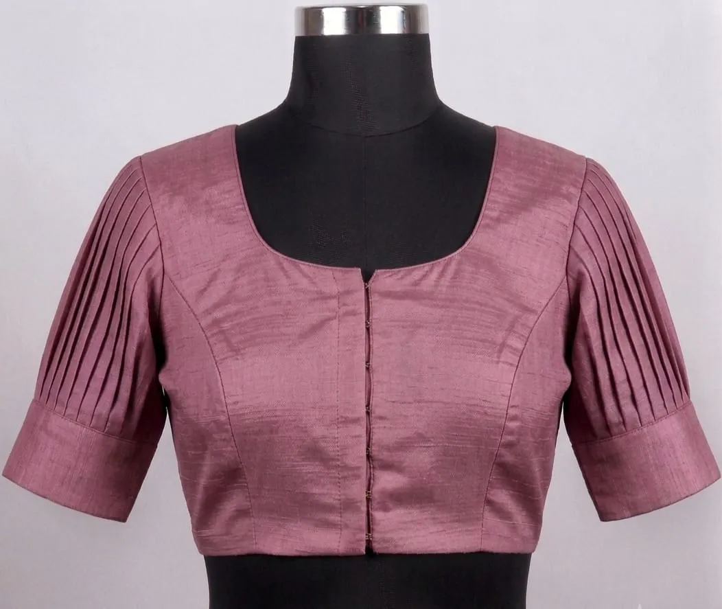 Raw Silk Pleated Sleeve Saree Blouse - Princess Cut Front Open Ready to Wear Designer Blouse