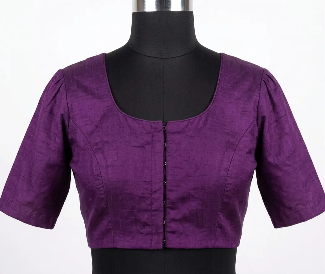 Raw Silk Pot Neck Saree Blouse - Princess Cut Front Open Ready to Wear Designer Blouse with Puff Sleeves