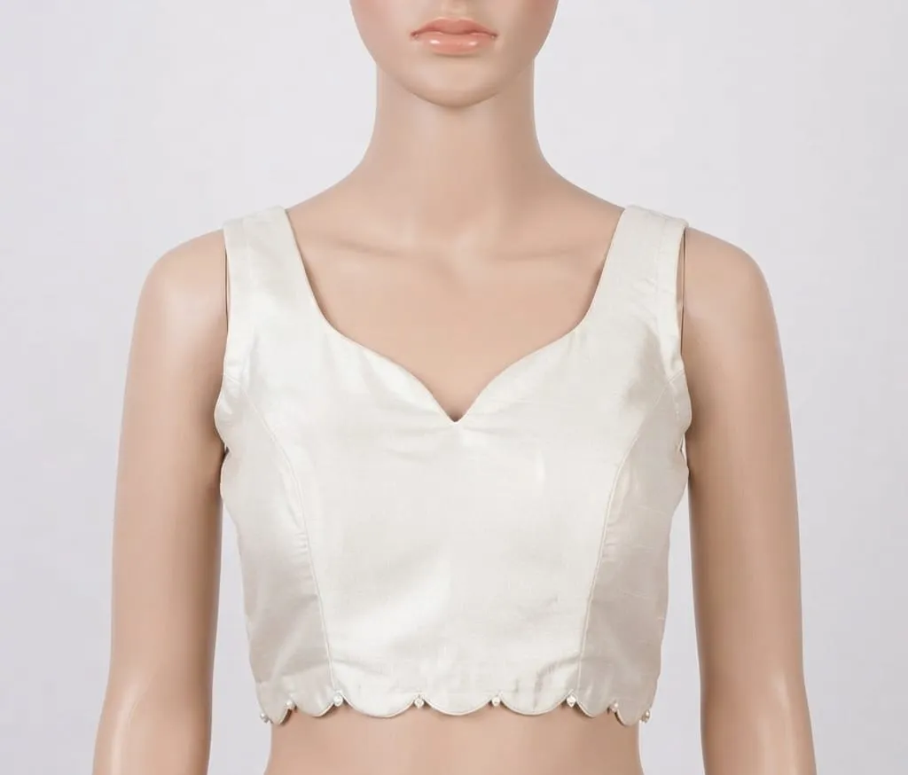 Ready-Made Designer Silk Blouse | Sleeveless Sweetheart Neck & Scalloped Pearl Hem | Party Wear Saree Blouse