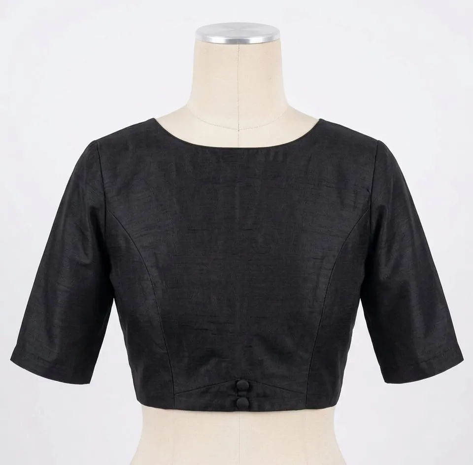 Readymade Raw Silk Blouse with Back Oval Cutout Detail | Tie-Up Dori Design with Tassels | Designer Boat Neck Saree Choli - Image 2