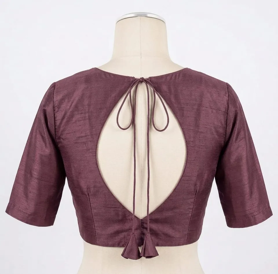 Readymade Raw Silk Blouse with Back Oval Cutout Detail | Tie-Up Dori Design with Tassels | Designer Boat Neck Saree Choli - Image 3