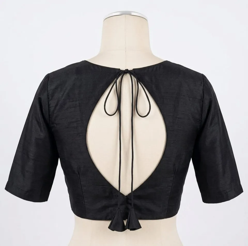 Readymade Raw Silk Blouse with Back Oval Cutout Detail | Tie-Up Dori Design with Tassels | Designer Boat Neck Saree Choli - Image 4