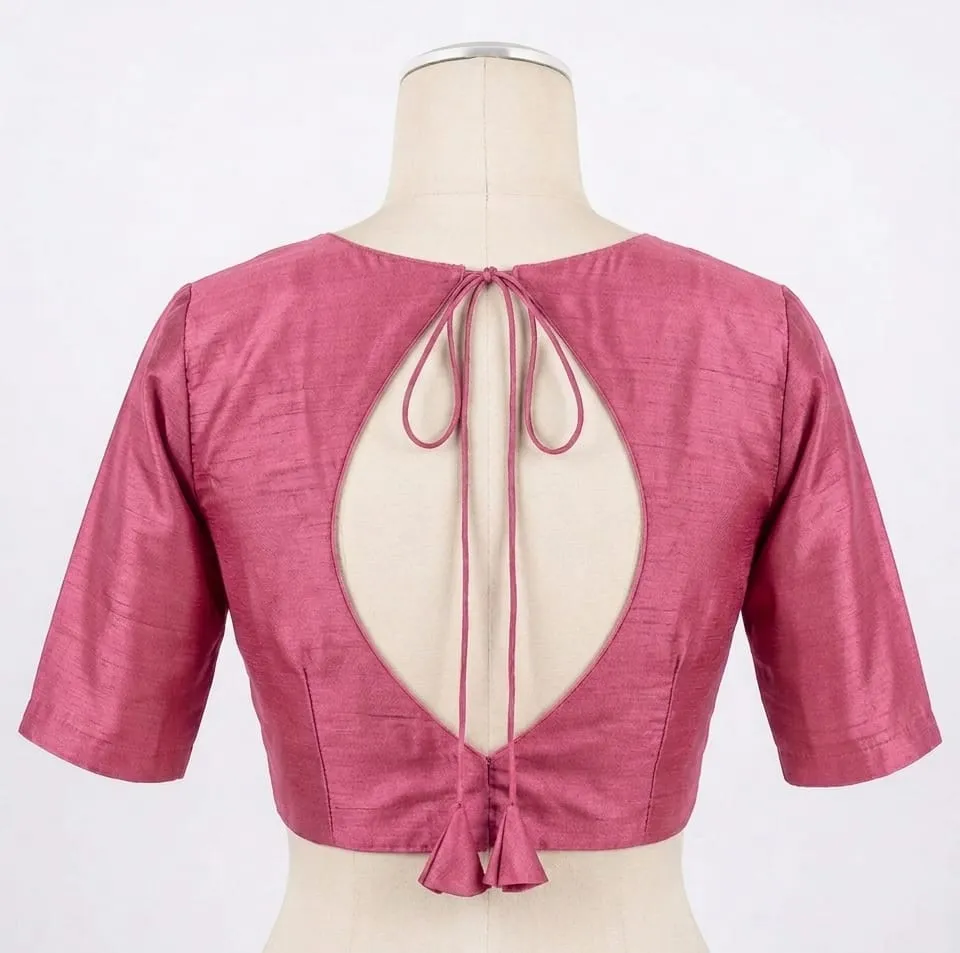 Readymade Raw Silk Blouse with Back Oval Cutout Detail | Tie-Up Dori Design with Tassels | Designer Boat Neck Saree Choli - Image 5