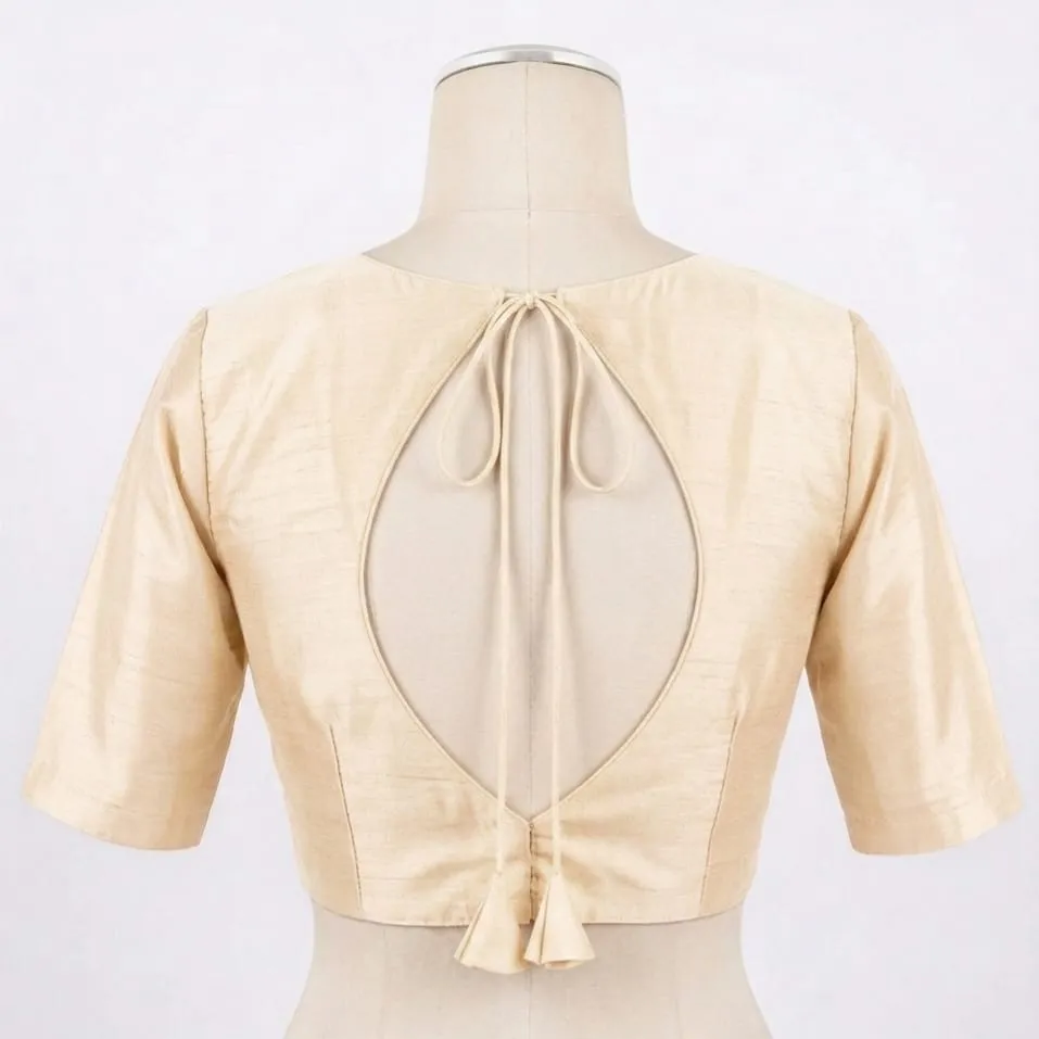 Readymade Raw Silk Blouse with Back Oval Cutout Detail | Tie-Up Dori Design with Tassels | Designer Boat Neck Saree Choli - Image 6