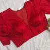 Red Puff Sleeve Saree Blouse | Designer Deep V-Neck Front Open Blouse for Party Wear