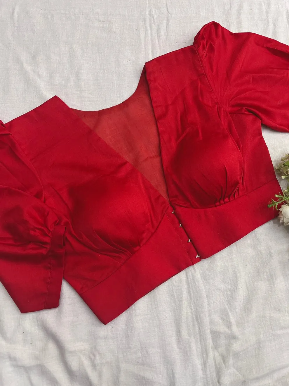 Red Puff Sleeve Saree Blouse | Designer Deep V-Neck Front Open Blouse for Party Wear
