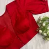 Red Puff Sleeve Saree Blouse | Designer Deep V-Neck Front Open Blouse for Party Wear - Image 2