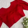 Red Puff Sleeve Saree Blouse | Designer Deep V-Neck Front Open Blouse for Party Wear - Image 3
