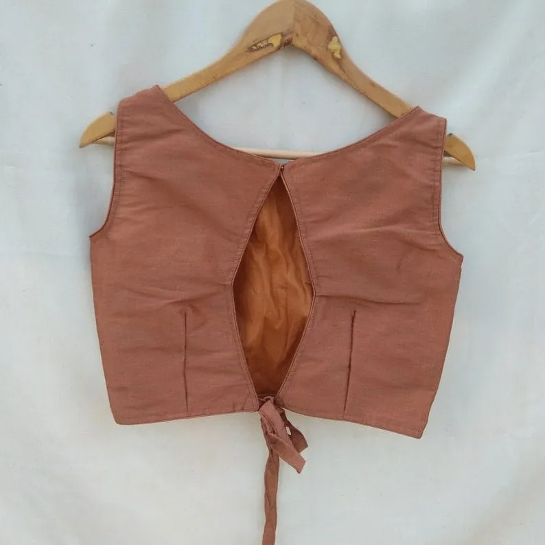 Rust Brown Raw Silk Back-Tie Blouse | Sleeveless Designer Crop Top for Saree
