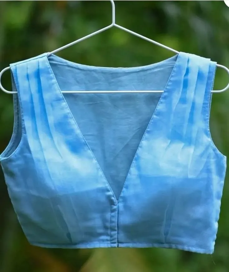 Sky Blue Pleated Saree Blouse | Readymade V-Neck Choli by Aari and Aura