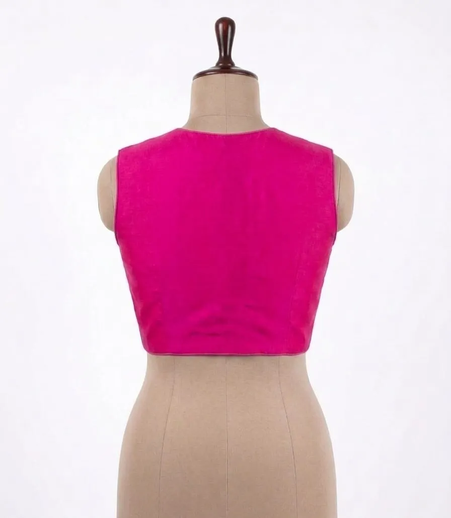 Sleeveless Plain Raw Silk Blouse with Front Hook Open & High Back Neck