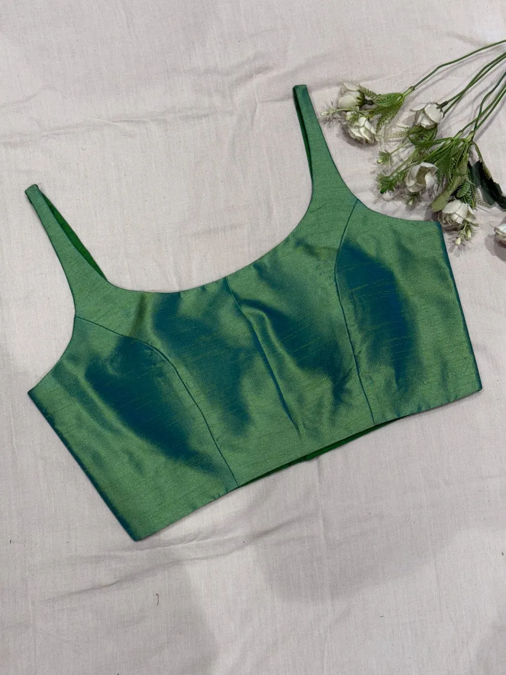 Sleeveless Raw Silk Blouse in Emerald Green – Ready-to-Wear Elegant Scoop Neck Designer Blouse - Image 2