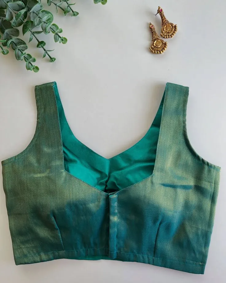 Sleeveless Raw Silk Saree Blouse – Deep V-Neck Designer Blouse for Weddings - Image 2