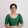 Solid Green Silk Readymade Saree Blouse – V-Neck Front, Elegant Keyhole Back, Stitched Ethnic Crop Top for Women