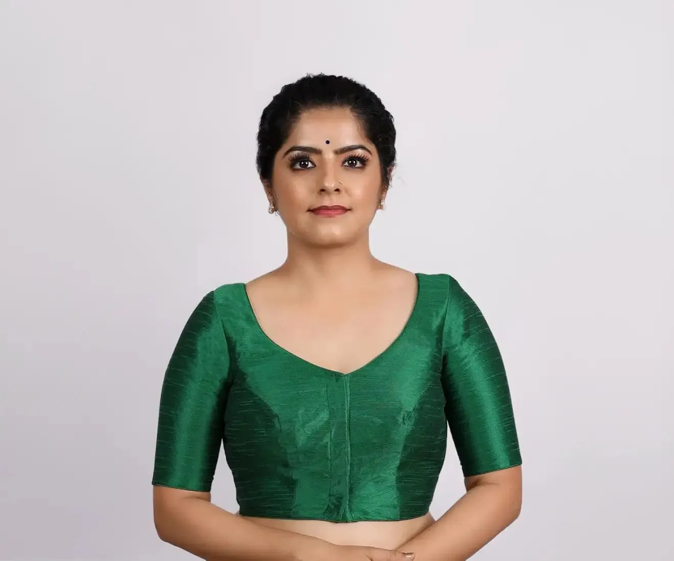 Solid Green Silk Readymade Saree Blouse – V-Neck Front, Elegant Keyhole Back, Stitched Ethnic Crop Top for Women