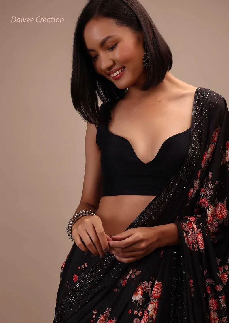 Sophisticated Black Saree Blouse | Modern Designer Ethnic Crop Top