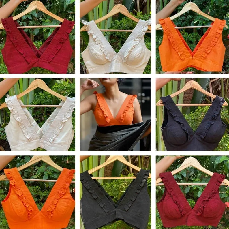 Stylish V-Neck Ruffle Detail Blouse | Versatile Party Wear Saree Blouse for Women