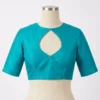 Teal Blue Raw Silk Saree Blouse with Back Button Closure | High Neck Elbow Sleeve Readymade Blouse for Women - Image 5
