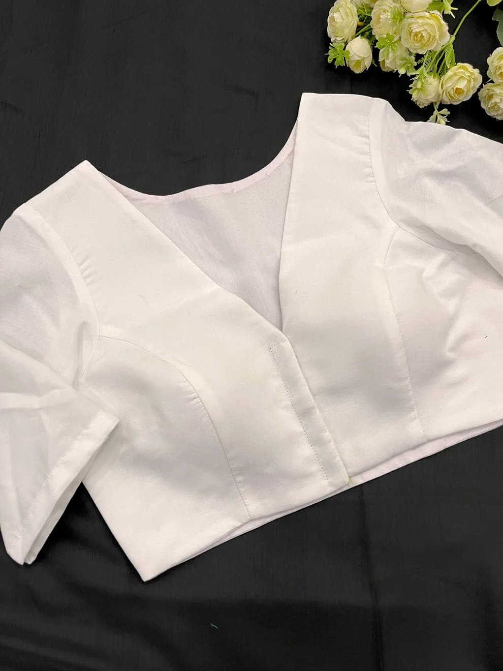 White Raw Silk Saree Blouse | Designer V-Neck Half Sleeve Party Wear Blouse for Women