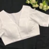 White Raw Silk Saree Blouse | Designer V-Neck Half Sleeve Party Wear Blouse for Women - Image 2