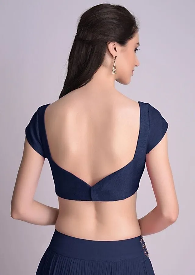 Women's Navy Blue Silk Saree Blouse – Sweetheart Neck, Cap Sleeves, Designer Ethnic Wear