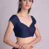 Women's Navy Blue Silk Saree Blouse – Sweetheart Neck, Cap Sleeves, Designer Ethnic Wear - Image 2