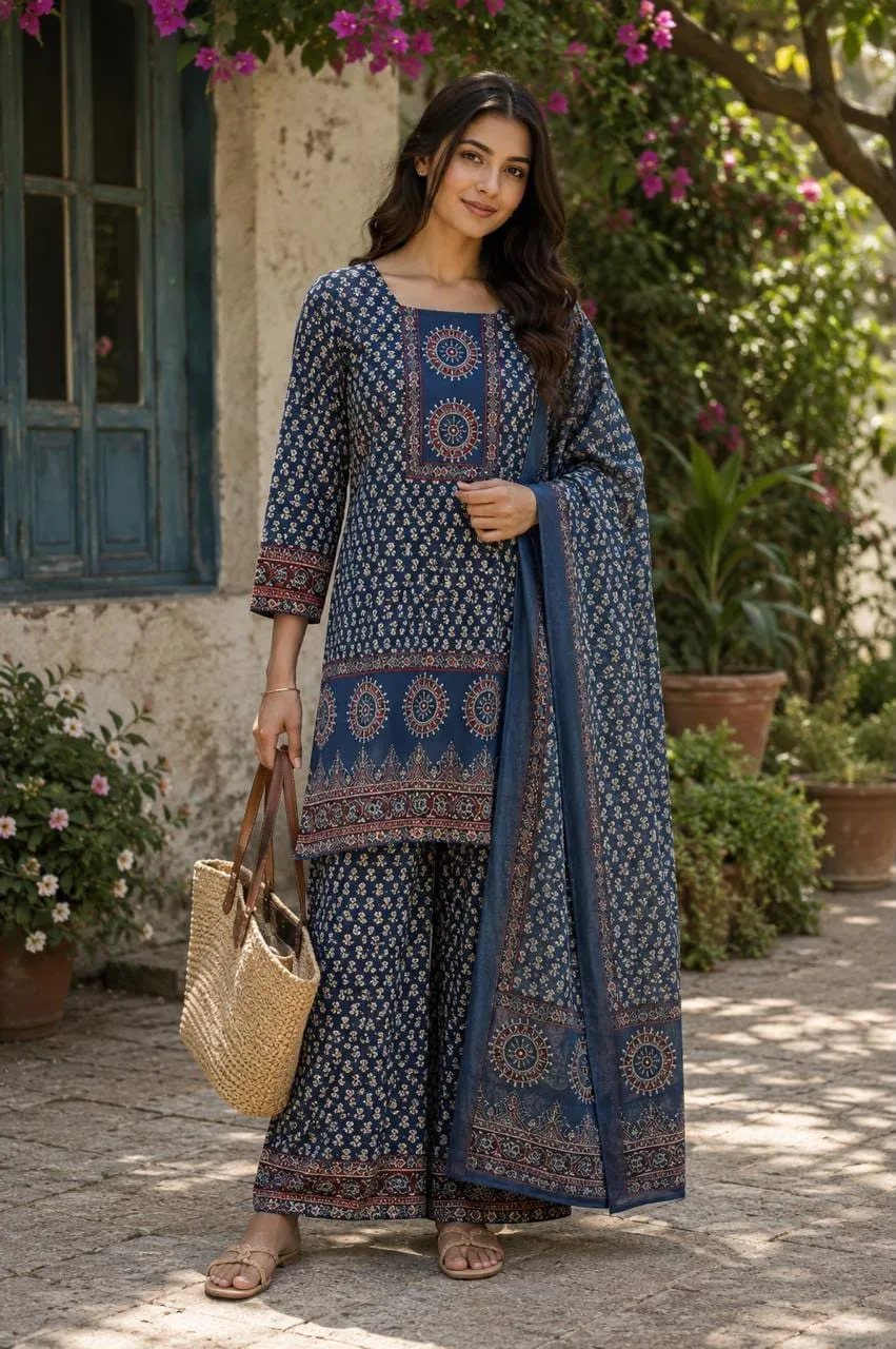 Ajrakh Print Cotton Kurti Sharara Set | Kali Palazzo with Kantha Border | Rakshabandhan Special | Ready Stock