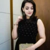 Black Georgette Anarkali Long Frock | Sleeveless Sheer Yoke Gold Foil Polka Dot Party Wear Maxi Dress