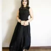 Black Georgette Anarkali Long Frock | Sleeveless Sheer Yoke Gold Foil Polka Dot Party Wear Maxi Dress - Image 2