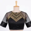 Black Silk Readymade Saree Blouse – Gold Zari Brocade Yoke & Sheer Net Elbow Sleeve Blouse - Image 2